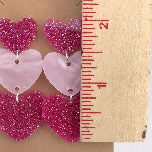 Pink Triple Layer Acrylic Sparkling Heart Earrings - Picture 2 of 3